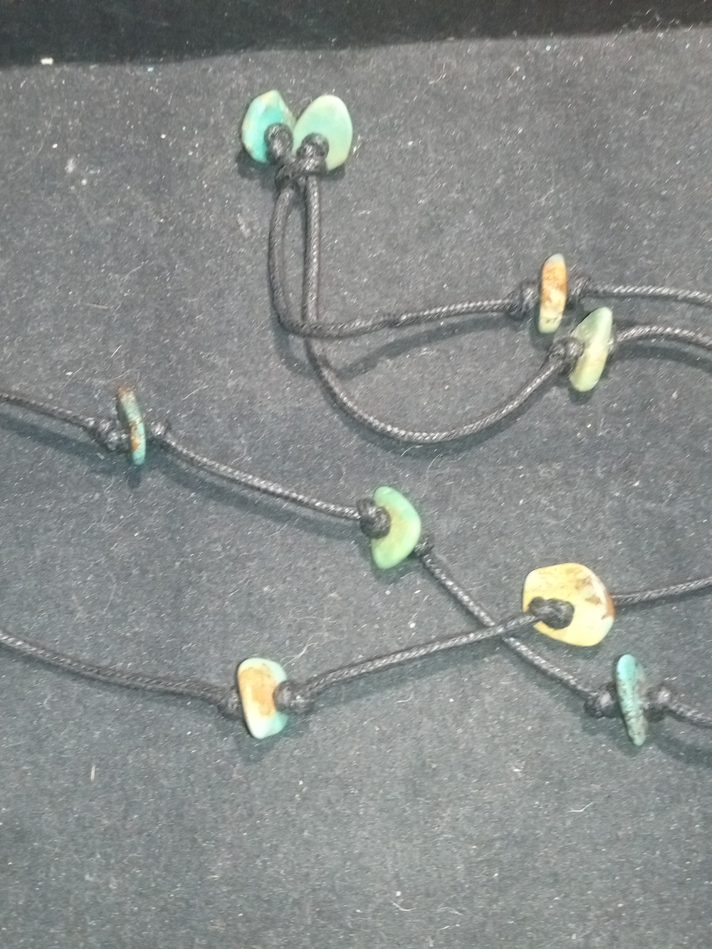 Black Cord Necklace with Slab Green Turquoise Beads